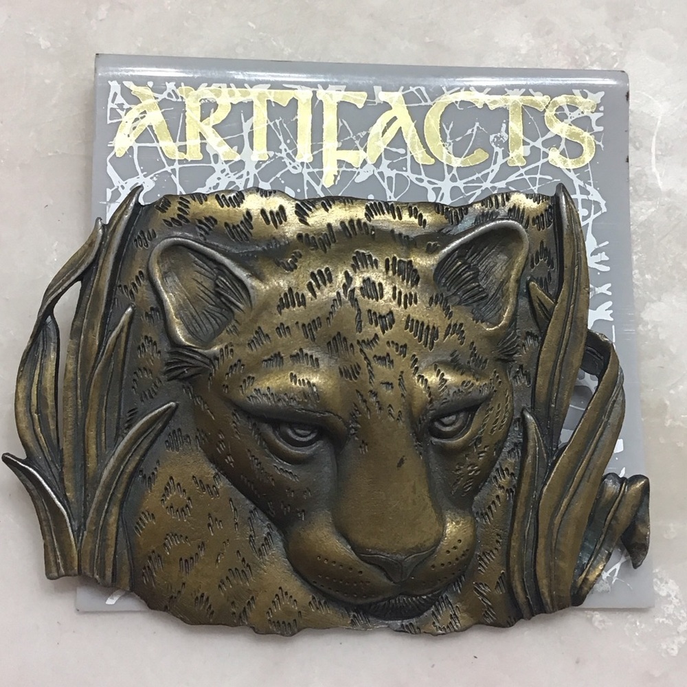 Vintage 1986 Jonette Jewelry Co. Big Cat Antique Gold Brass Brooch & Earrings.